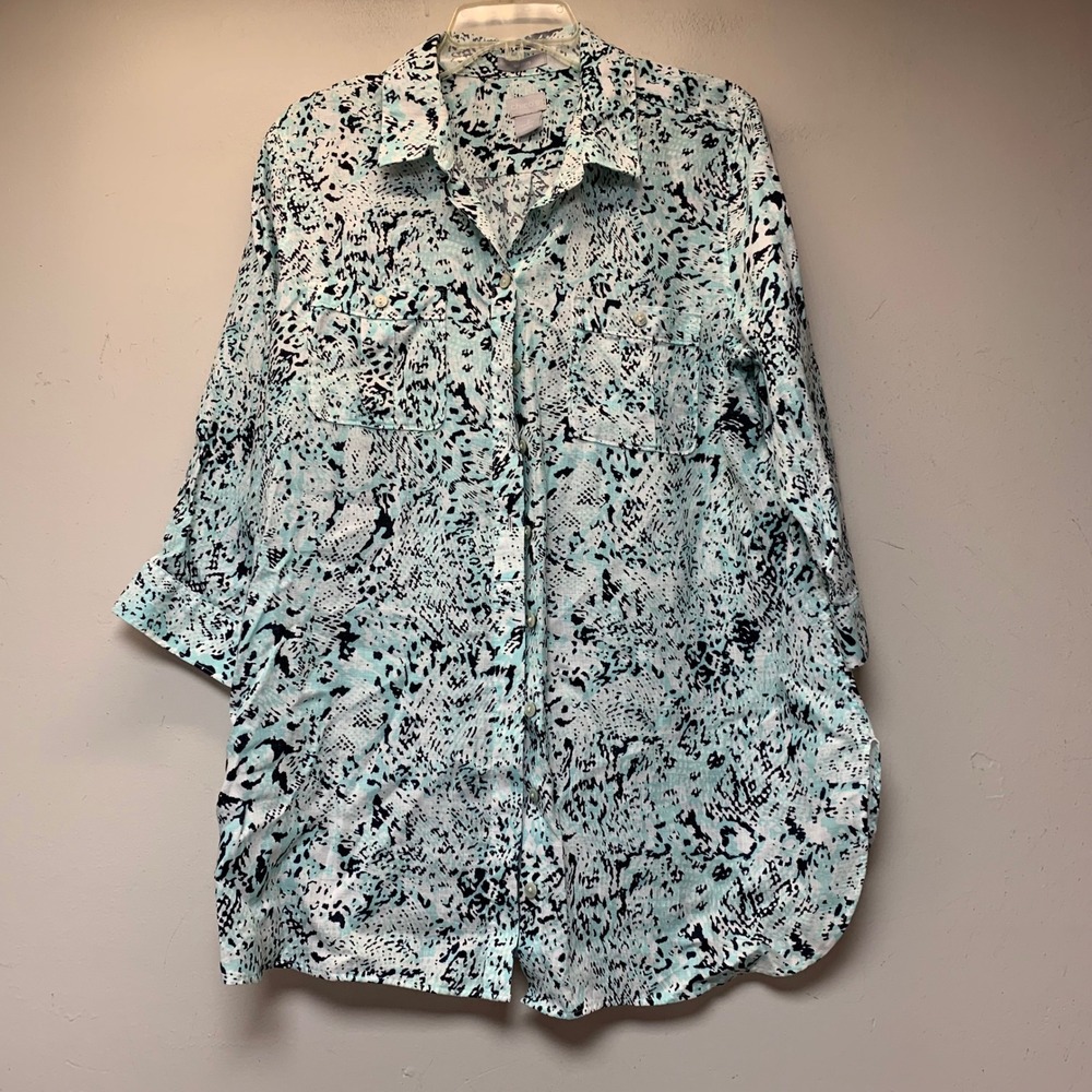 Chico's Button Down Shirt Womens 2 L Blue Excellent Linen Snakeskin Tunic 13999